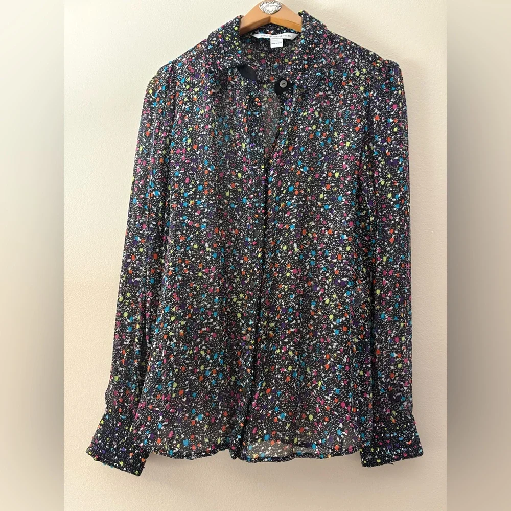 DVF Diane Von Furstenberg Mariah Tweed Confetti Button Front Silk Blouse Sz 6